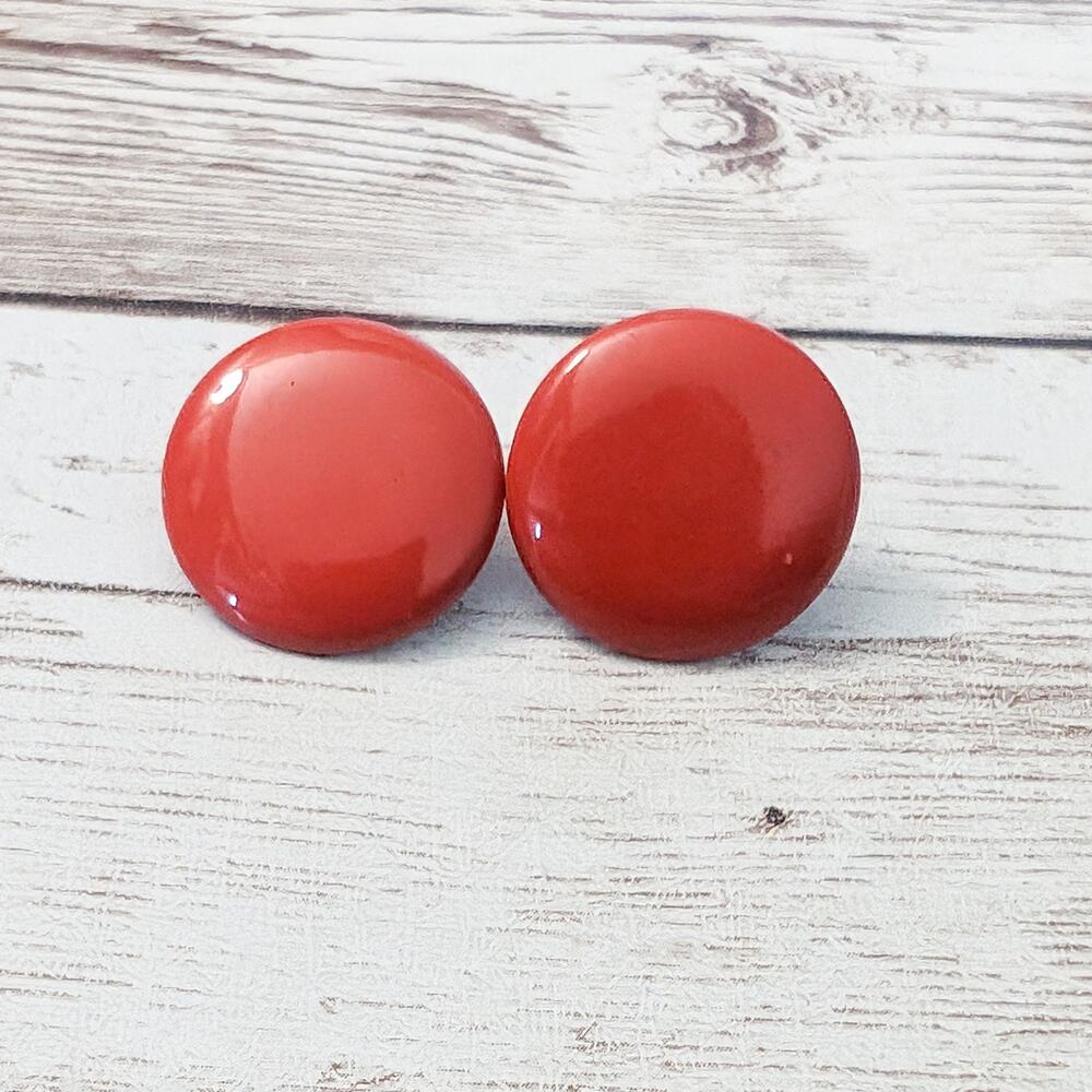 Vintage Earrings For Pierced Ears - Metal Red Circle 0.75"- Broken Stud
